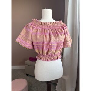 Kasia Pink Gold Embroidered Peasant Crop Top Size M Boho Cottagecore Blouse